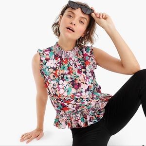 J. Crew Sleeveless Mockneck Smocked Floral Top Blouse Size 0P